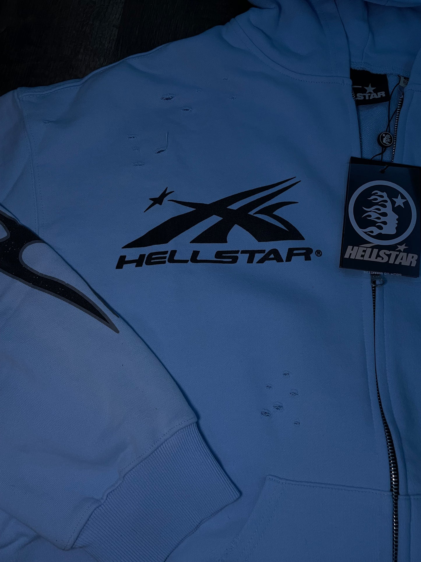 hellstar studios “baby blue” zip up hoodie